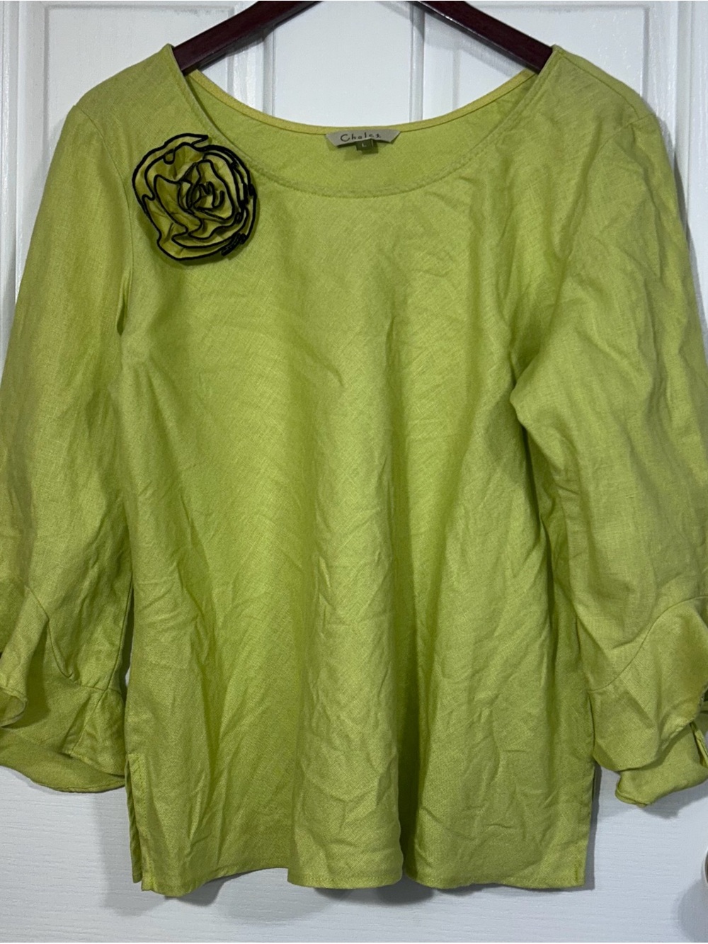 Chalet Linen Blouse Womens L Green Flower Bell Sleeve Lightweight Cottagecore